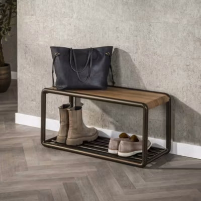 Banc à chaussures effet bois et métal cuivré HELSINKI