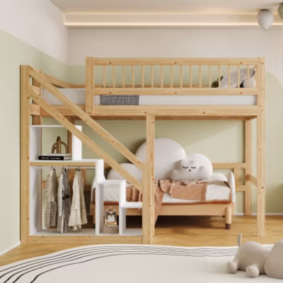 Lit mezzanine 140×200 cm en bois massif avec échelle et rangements intégrés finition bois naturel