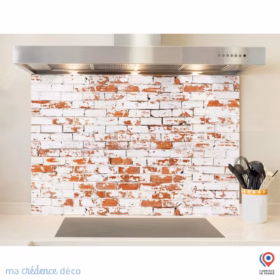Crédence cuisine fond de hotte Mur briques rouges et blanches – Verre trempé – L 60 cm x H 45 cm – MaCrédenceDéco