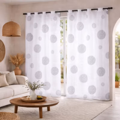 Voilage Etamine Brodé Ronds Mêlés blanc (140×240 cm – Blanc cassé)