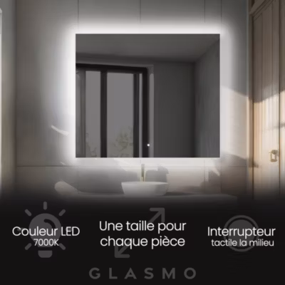 Miroir avec LED Illumination Salle de Bain – Ellie, 110×70 cm, Blanc Froid 7000K, Interrupteur Tactile