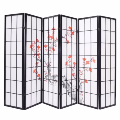 Paravent bois noir avec fleurs de cerisier de 6 pans, L264 x H176 x P2 cm