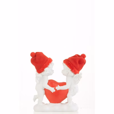 2 anges avec coeur rouge en résine blanche 12.5×7.5×16.5 cm