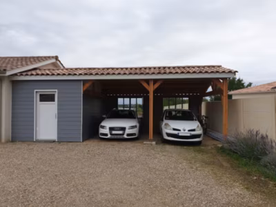 Carport deux pentes faitage décalé adossé 500cmx600cm Bois DOUGLAS Français label PEFC (Charpente – Auvent – Abri voiture)