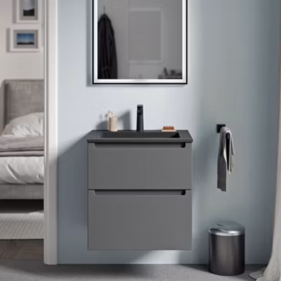 Meuble vasque suspendu MDF Anthracite mat, lavabo fonte Noir mat + trou robinet, tiroirs pivotants – 60x46x62cm – VIREO