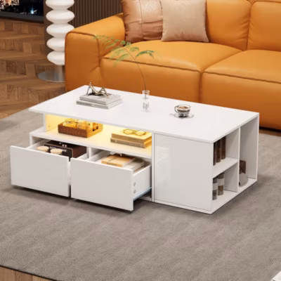 Table Basse Blanc, 2 Tiroirs, LED via Appli, Éclairage Plateau et Faces, Panneau de Particules, 100x50x35 cm – Blanc