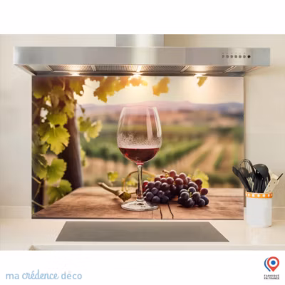 Crédence cuisine fond de hotte Vin rouge et vignobles 2 – Verre trempé – L 70 cm x H 60 cm – MaCrédenceDéco