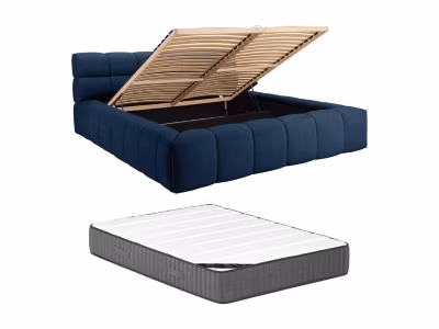 Lit coffre 160 x 200 cm – Tissu – Bleu nuit + Matelas – FORVIK II