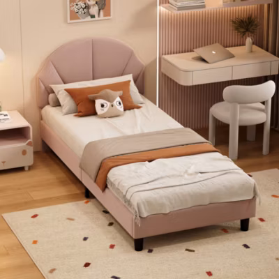 Lit enfant/Lit capitonné 90 x 190 cm avec sommier à lattes, tête de lit et dossier réglables, velours, sans matelas, Rose