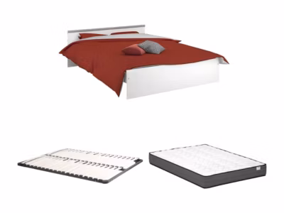 Lit avec rangements 140 x 190 cm – 2 tiroirs et 1 niche – Coloris : Blanc + Sommier + Matelas – PABLO