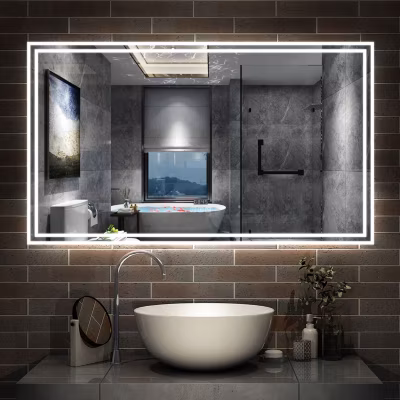 Miroir de salle de bain Bluetooth 160×80 cm, tricolore + horloge + mémoire + dimmable + anti-buée, IP44 Miroir LED, AICA SANITAIRE