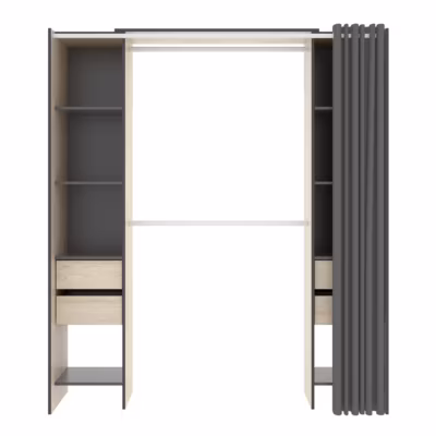 Armoire dressing avec 4 tiroirs, penderies coloris chêne naturel + rideau – Longueur 180 x Profondeur 50 x Hauteur 205 cm