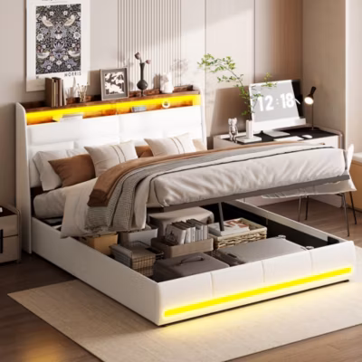 Lit coffre 140×200 avec USB et LED, lit rembourré avec sommier à lattes, lit double, blanc