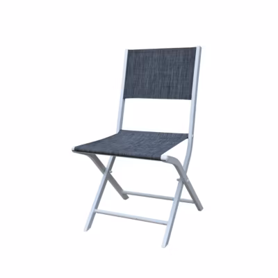 Chaises pliantes Modulo structure aluminium blanche, assise en textilène coloris gris chiné