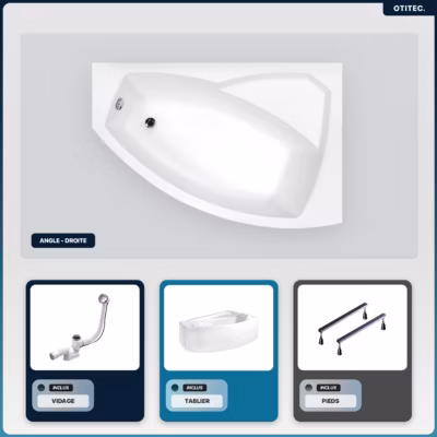 Baignoire asymétrique – 160 x 100 cm – Droite – avec Tablier – Pieds – Vidage Chrome – RIMA