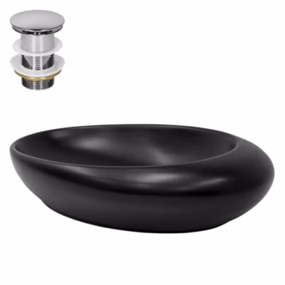 Lavabo noir mat céramique ovale bouchon de vidage lave-mains 58,5×37,5×14,5 cm