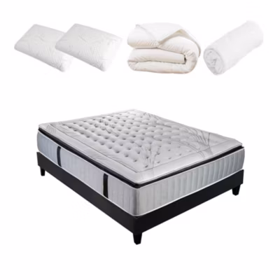Pack à matelas à ressorts ensachés + sommier + accessoires (140×190 cm – Blanc)
