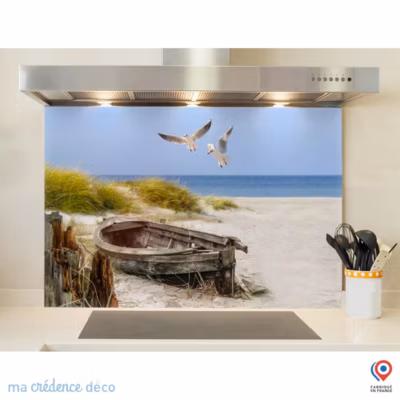 Crédence cuisine fond de hotte Dunes et mouettes – Verre trempé – L 90 cm x H 60 cm – MaCrédenceDéco