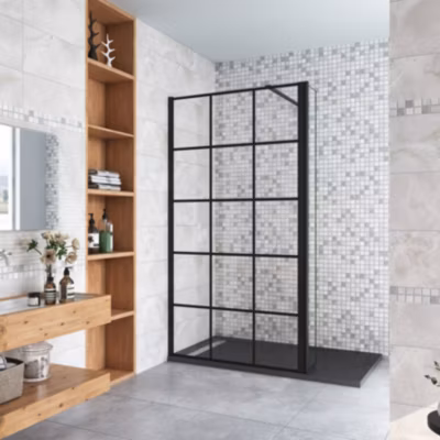Paroi de douche à l&rsquo;italienne noire 140x200cm + retour pivotant 40cm + 8mm verre anticalcaire + barre de fixation 140cm