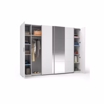 Armoire 4 portes avec miroir STAR  Blanc  Avec penderie  L264 cm