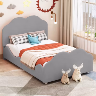 Lit simple 90 sur 200 cm cadre avec barrières tête et pied en forme de nuage en velours doux gris