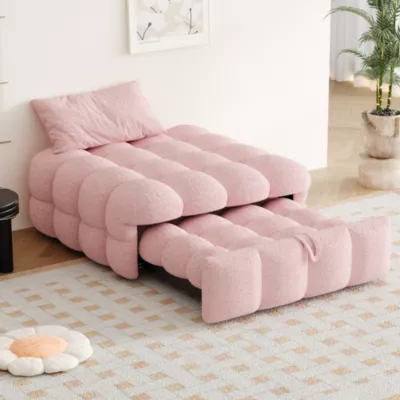 Banquette Convertible – Lit Pliant 2-en-1 avec Lit D&rsquo;Appoint, Tissu Pelucheux Teddy, Rose, 183x76x42 cm
