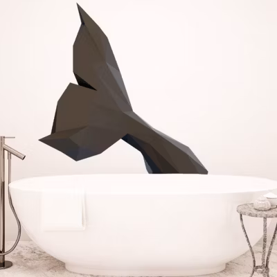 Sticker origami 3D queue de baleine noir de profil 30 x 30 cm