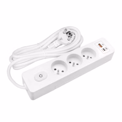 Multiprise SELDUR G3FH52B, 3 prises type E + interrupteur, USB A+C charge rapide 20W, Blanc, câble 5m