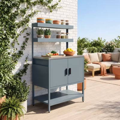Cuisine d&rsquo;extérieure en acier bleu gris avec 2 étagères suspendues et 2 portes L80cm