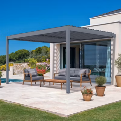 Pergola bioclimatique adossée PIANA 4x3m aluminium gris – Lames orientables