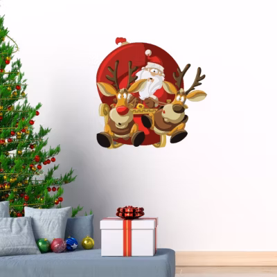 Sticker Noël Père Noël à vive allure avec ses rennes – Autocollants stickers adhésifs noël – décoration fêtes – 90x85cm