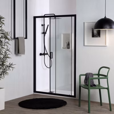 Porte de douche niche 130 cm noir mat avec installation réversible – city