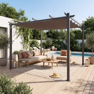 Pergola aluminium – Isla 3x3m –  Toile grise – Tonnelle idéale pour votre terrasse. toit rétractable. toile coulissante. structure
