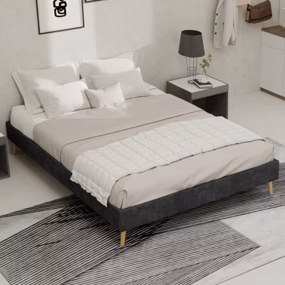 Lit Double 140×200 cm – Lit Ado Moderne en Velours Gris, Sans Tête de Lit, Sans Vérin – Sans Matelas