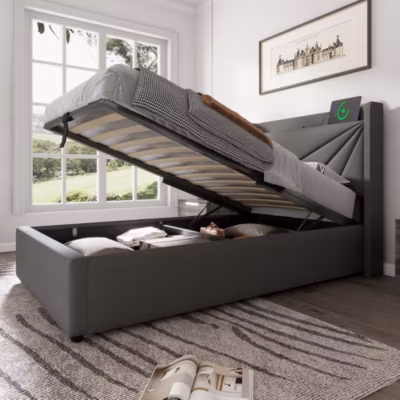 Canapé-lit 90×200 cm convertible avec coffre de rangement, tête rembourrée en lin-coton et port USB Type-C intégré