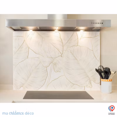 Crédence cuisine fond de hotte feuilles philodendron dorés blanc – Verre trempé – L 90 cm x H 50 cm – MaCrédenceDéco