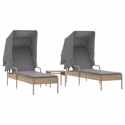 Chaises longues lot de 2 avec auvents et table beige poly rotin vidaXL