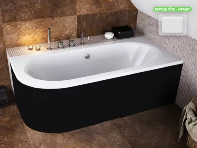 Baignoire d&rsquo;angle – avec tablier noir Mat et repose tête offert – AVITA – 160 x 75 cm – Droite