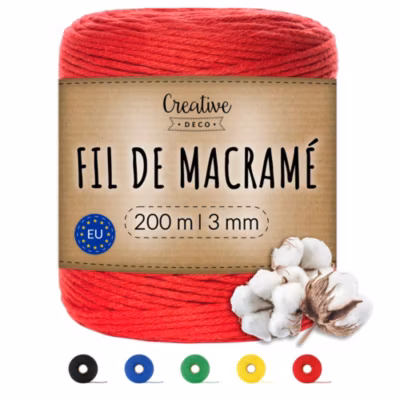 Creative Deco 3mm x 200m Corde Macramé Rouge – Fil de Coton et Polyester – +/- 0.5 mm Épaisseur – Decoration Jardinage Emballage