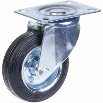 Roulette pivotante de 100 mm avec bande de roulement en caoutchouc noir sur une roue centrale en acier embouti