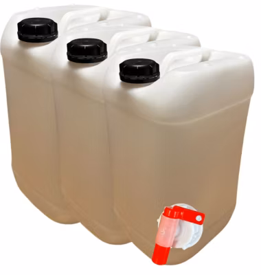 3x Bidon Jerrican Plastique 25 L litres Blanc Bouchon DIN 61 Liquides Alimentaires et Chimiques Ergonomique Empilable Réutilisable