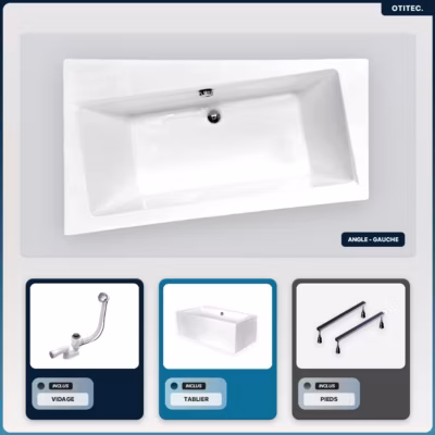 Baignoire asymétrique – 160 x 100 cm – Gauche – avec Tablier Blanc – Pieds – Vidage Chrome – INFINITY