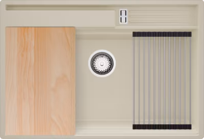 PRIMAGRAN Evier Cuisine en Granit Beige 78x53cm, Lavabo 1 bac + Kit de Vidage + Accessoires, Évier à Encastrer au meuble 80cm