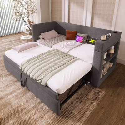 Canapé-lit 140×190 cm convertible clic-clac en tissu gris avec coffre de rangement, design contemporain et fonctionnel