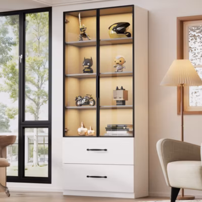 Vitrine en verre 60x40x160 cm – Avec éclairage LED – 2 portes vitrées et 2 tiroirs – Structure en alliage d&rsquo;aluminium – Blanc