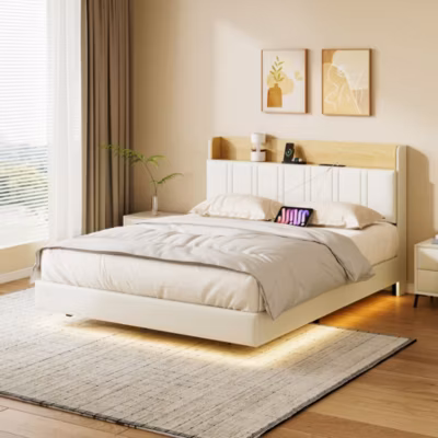 Lit flottant 140×200 cm, rembourré, LED, USB, PU, Blanc
