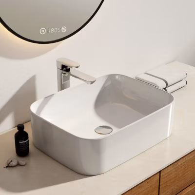 EMKE Vasque à poser céramique 50,5x38x15cm, Lavabo salle de bain rectangulaire, Lavabo en céramique blanc brillant