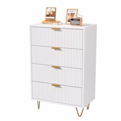 Commode Blanche Moderne à 4 Tiroirs, Pieds Et Poignées Dorés, 91 X 34 X 60 Cm