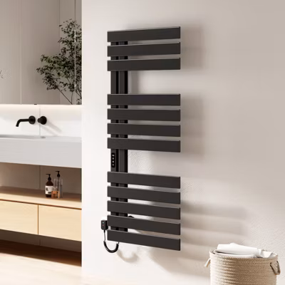 EMKE Radiateur sèche-serviettes électrique salle de bain avec thermostat, panneau chauffant, minuterie, 130×50 cm, 450W, noir mat