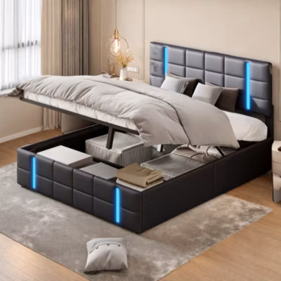 Lit double 160×200 cm en similicuir noir avec tête de lit LED acrylique givré et 2 ports USB intégrés